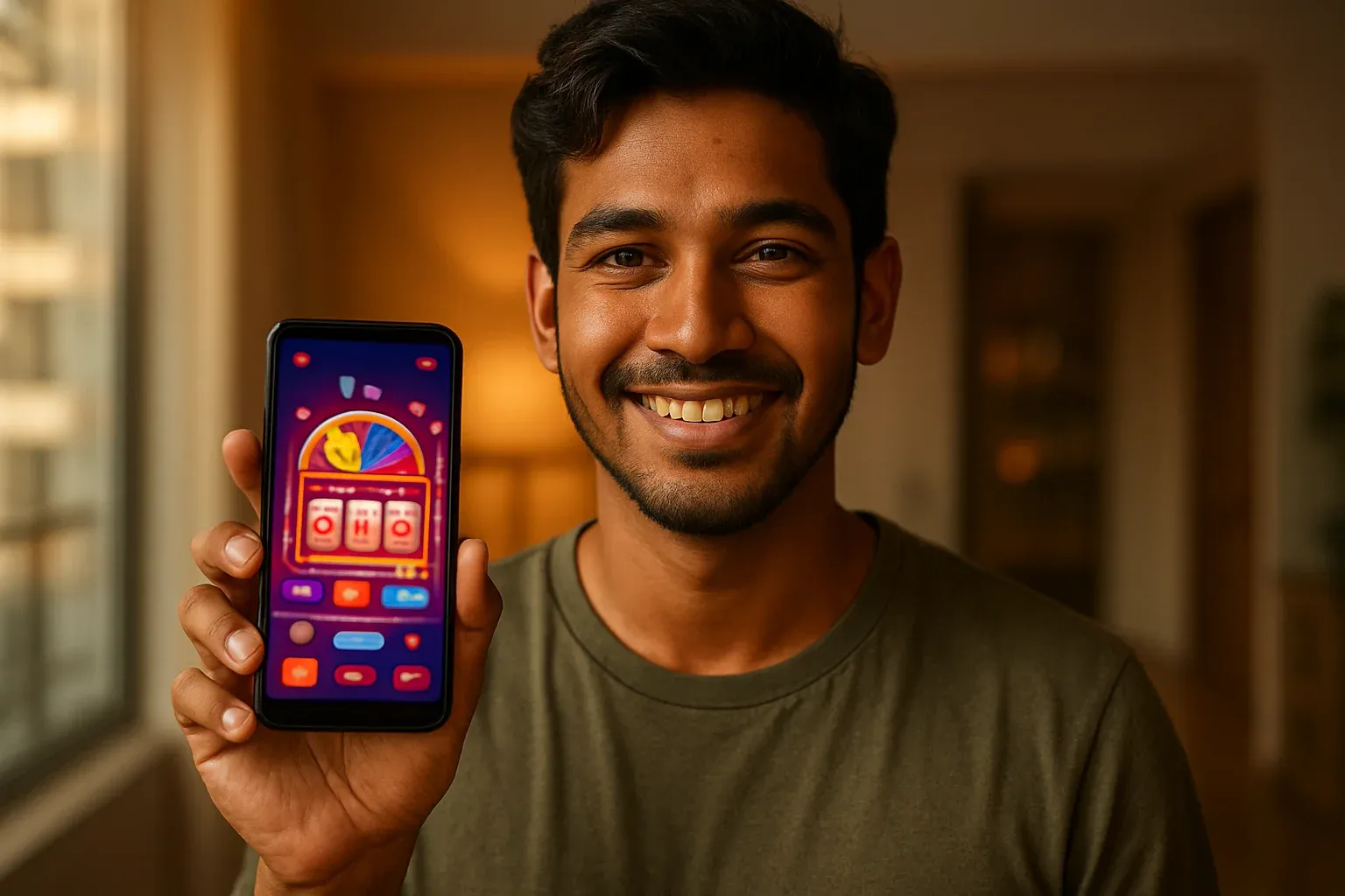 Young Bangladeshi man smiling, holding smartphone showing glowing casino app UI