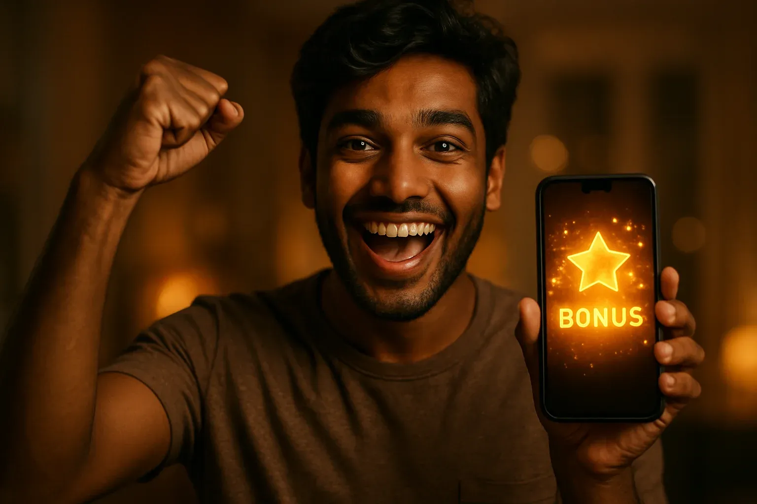Joyful Bangladeshi man celebrating with smartphone showing glowing golden bonus notification