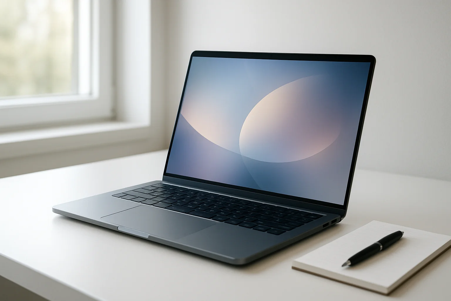 Modern laptop on white desk with abstract glowing screen in daylight