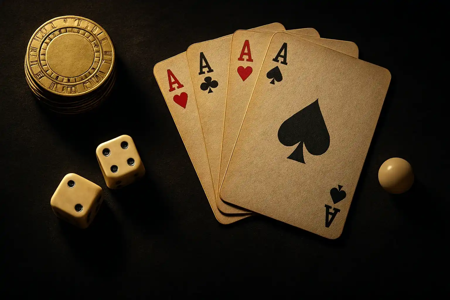 Top-down flat-lay of golden chips, playing cards, dice, roulette ball