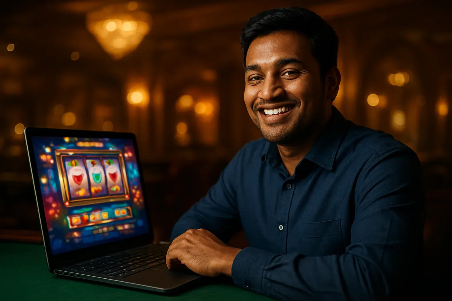 Cheerful Bangladeshi man smiling at open laptop with glowing casino interface