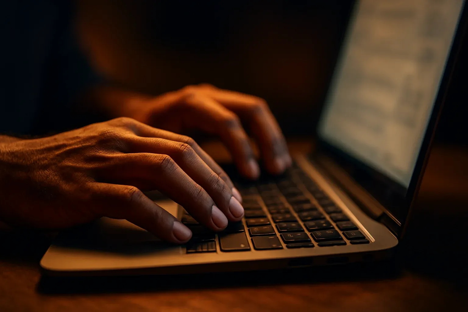Close-up of Bangladeshi hands typing on laptop keyboard in dramatic light