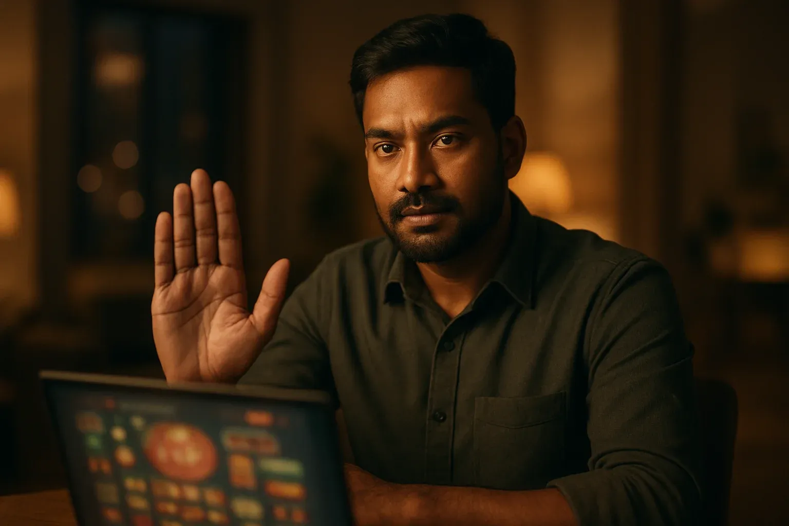 Confident Bangladeshi man raises stop hand by glowing laptop, responsible gambling