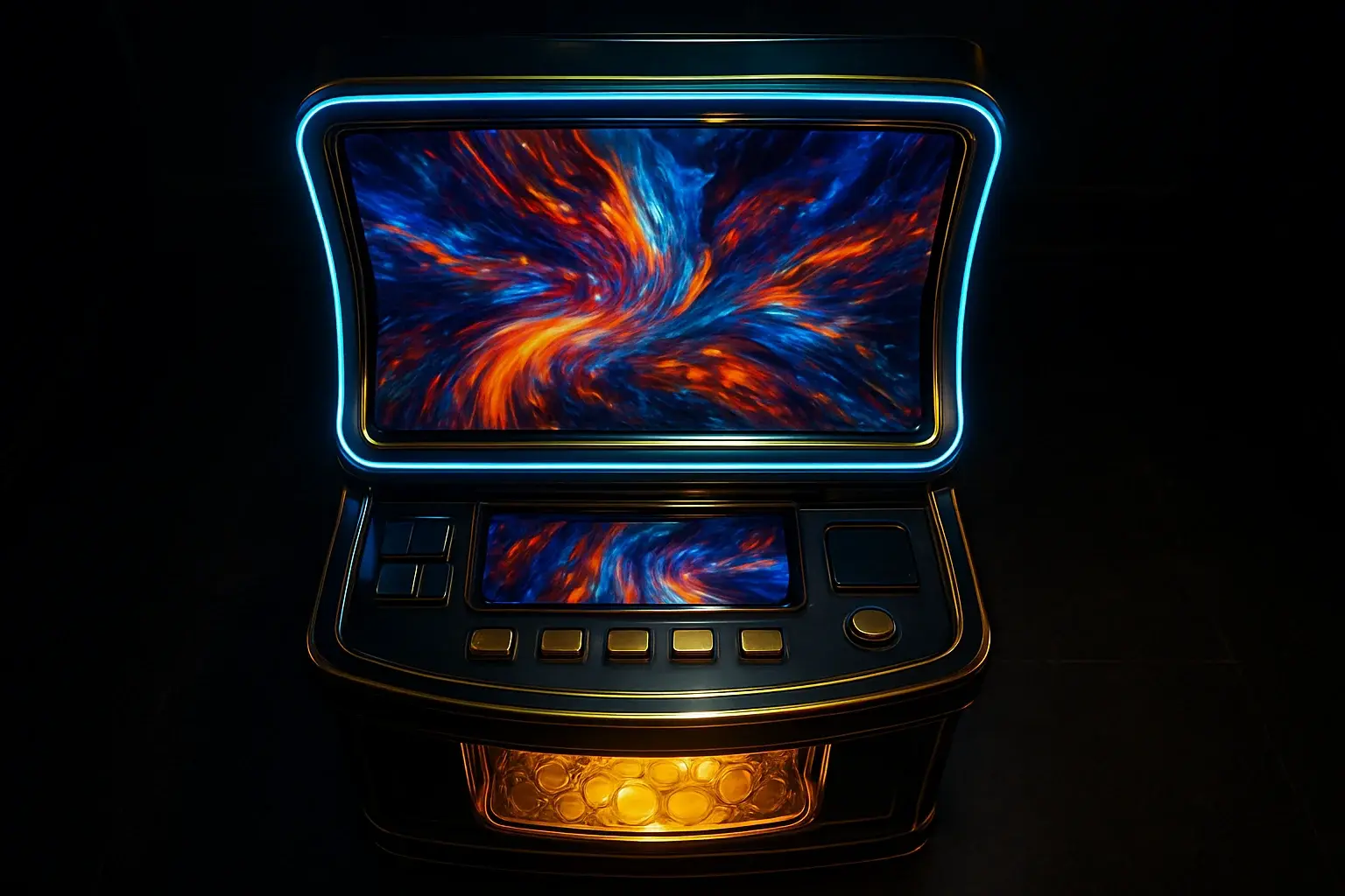 Premium slot machine in dark luxury setting with neon blue gold lighting